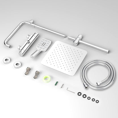 Rainsworth Douchesysteem met thermostaat, chroom, 30 x 30 cm, vierkante regendouche, roestvrij staal, complete set, 3 straalsoorten, douchekop, regendouche met kraan, 92-126 cm douchestangen