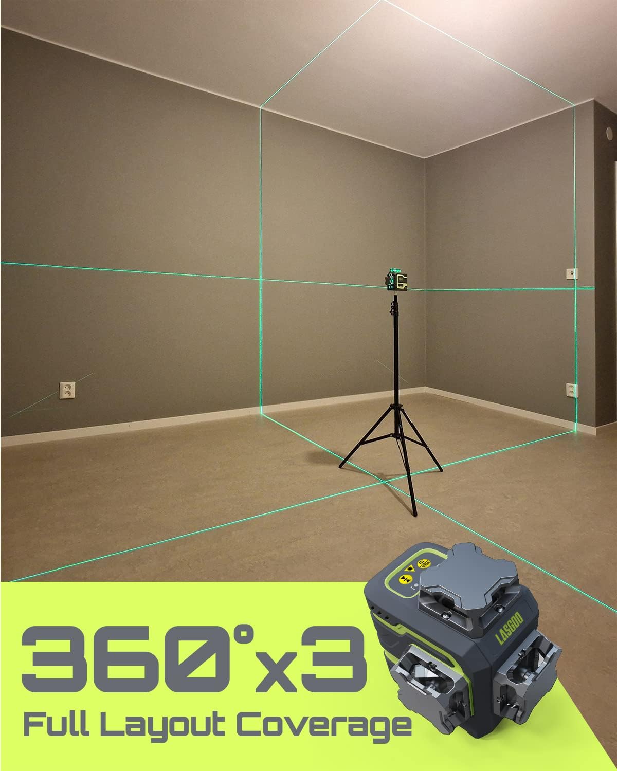 Laserwaterpas – Kruislijnlaser – Lijnlaser – Laserniveau – Bouwlaser – Zelfnivellerend 3x360° Groen – 2 Oplaadbare Batterijen, Magnetische Hefstandaard