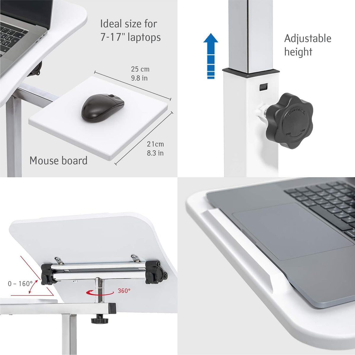 Tatkraft Bianca Ergonomisch Stijlvol Verplaatsbaar Laptopstandaard Bureau met muisbord op wielen, verstelbare hoogte van 72-110 cm, 360 ° draaibaar en 160 ° kantelbaar voor handig staand en zittend werken, Geschikt voor 7-17 '' laptops, Stevig elegant ont