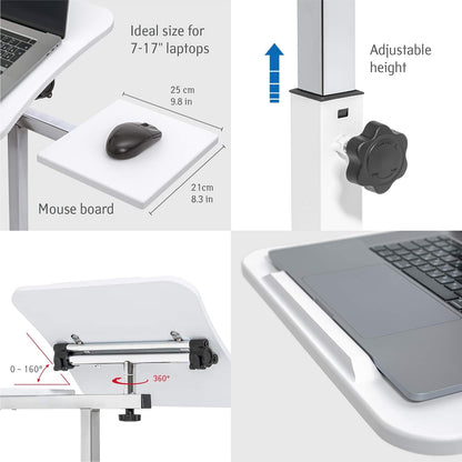 Tatkraft Bianca Ergonomisch Stijlvol Verplaatsbaar Laptopstandaard Bureau met muisbord op wielen, verstelbare hoogte van 72-110 cm, 360 ° draaibaar en 160 ° kantelbaar voor handig staand en zittend werken, Geschikt voor 7-17 '' laptops, Stevig elegant ont