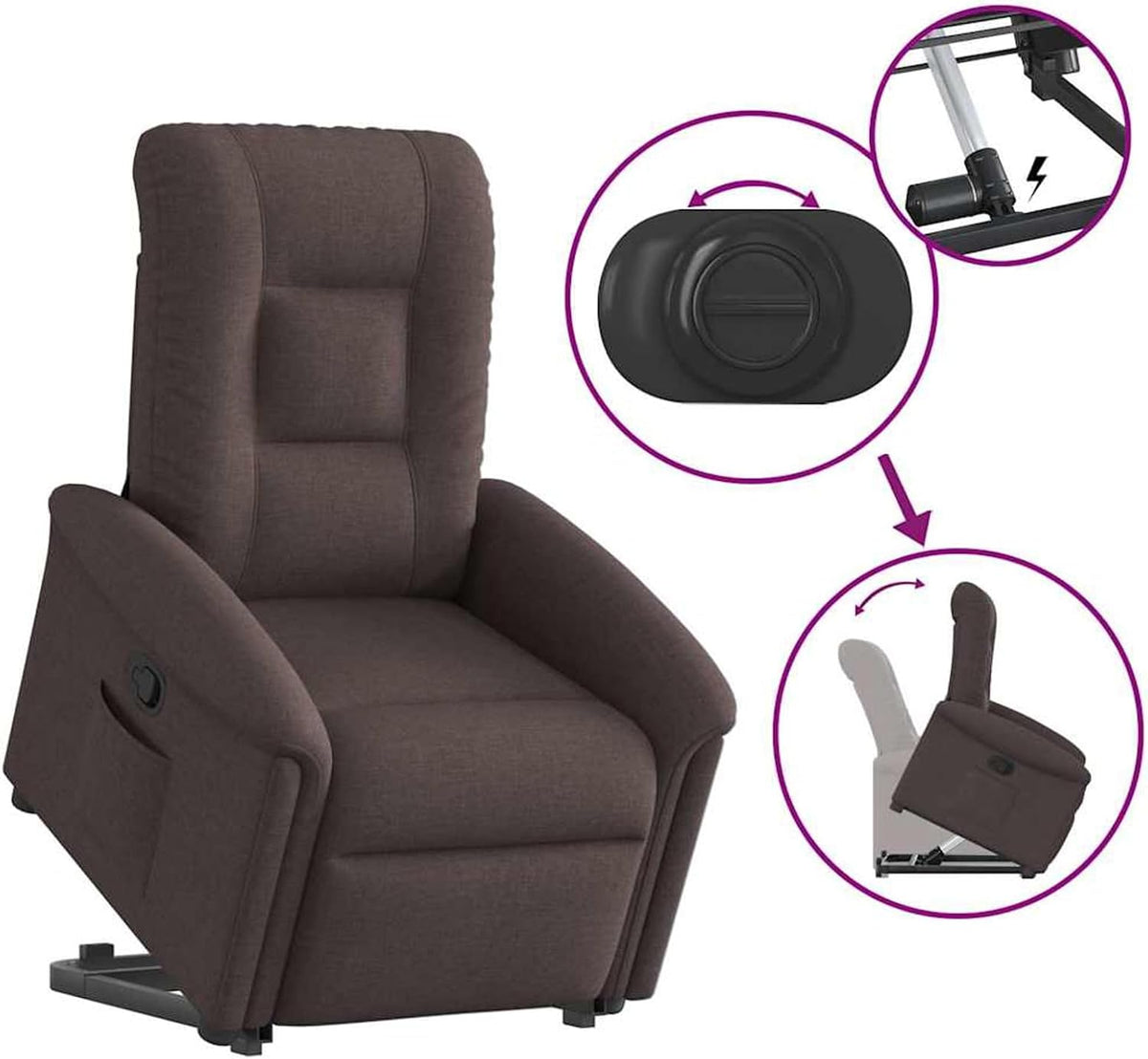 Relaxstoel – Fauteuil – Televisiestoel – Leesstoel – Sta-op stoel – Donkerbruin Stof – Elektrische Opstahulp – Handmatig Verstelbaar Tot 135°