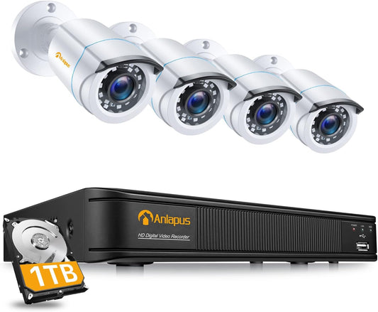 Anlapus 1080P HD Videobewakingssysteem Voor Buiten met 1TB Harde Schijf, 8CH 1080P H.265+ DVR Met (4) 2MP-Camera Voor Thuisbeveiliging, App / E-mailalarm bij Beweging