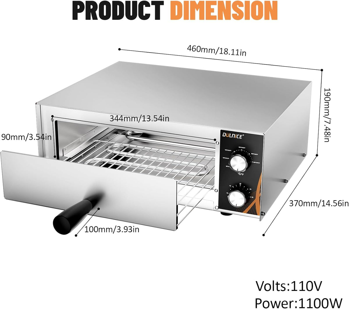 Elektrische pizzaoven, 1500 W, 12 inch, roestvrij staal, met timer van 30 minuten, temperatuurregeling 50-300 °C, voor bakken in restaurant, thuis, pizzaoven