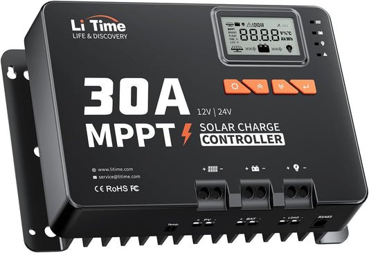 LiTime 30A MPPT 12V/24V Auto DC Max. 900W Input Solar Charging Controller met Bluetooth-adapter, parameters instelbaar LCD-display, LED-indicatoren zonnepaneel regelaar, voor lithium batterij