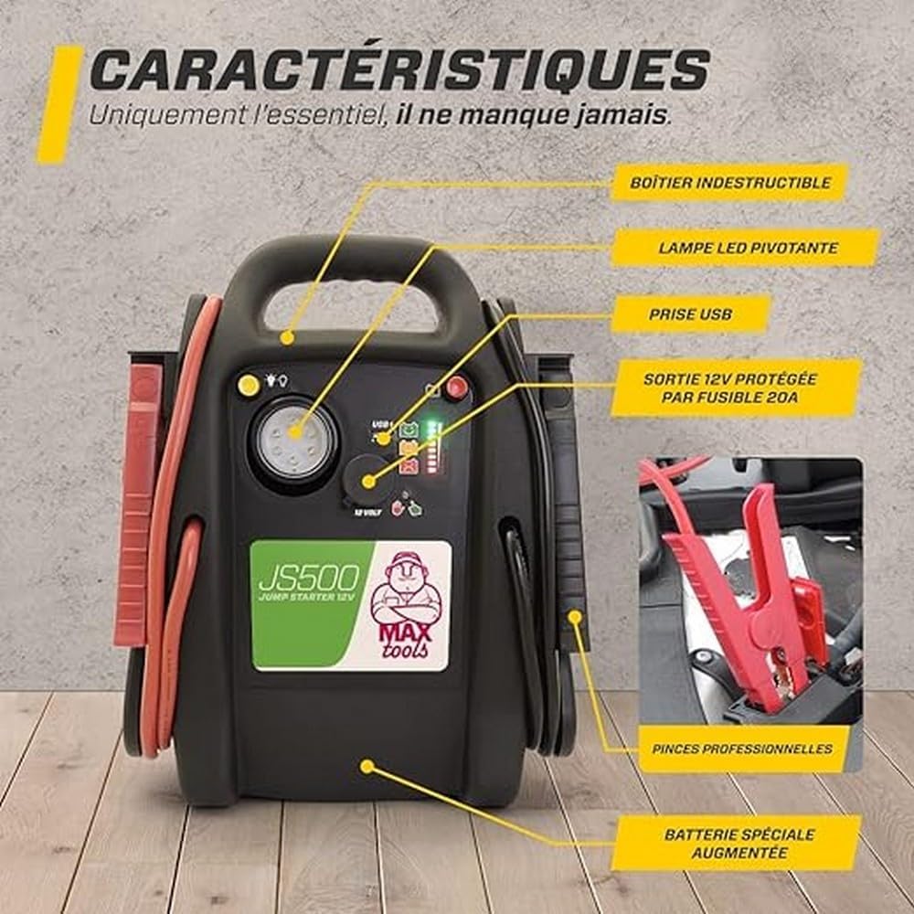MAXTOOLS JS500 2200 A 22 Ah, noodstarter voor auto's en bestelwagens, 12V-diesel- en benzinemotoren, startstarter, met LED-zaklamp, USB-poort en startkabels