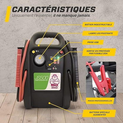 MAXTOOLS JS500 2200 A 22 Ah, noodstarter voor auto's en bestelwagens, 12V-diesel- en benzinemotoren, startstarter, met LED-zaklamp, USB-poort en startkabels