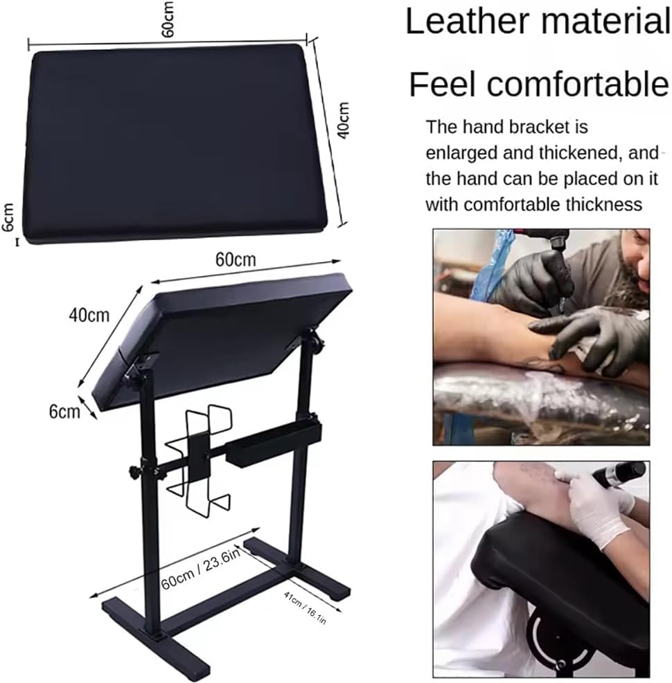Professionele verstelbare tattoo-armsteun – hoogte 66-98 cm, 340° draaibare tafel (60 x 40 cm) met PU-lederen bekleding, stabiele ijzeren basis en accessoirevak voor studio en tattoo-kunstenaars