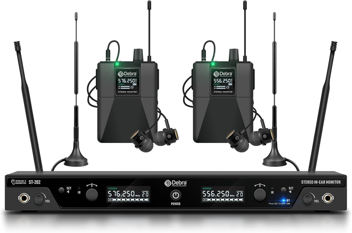 D Debra ST-202 UHF Draadloos In-ear Monitor Systeem met Stereo, Dubbel Kanaal voor Podium, Studio en Band (2 pocket-ontvangers)