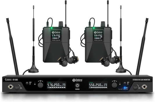 D Debra ST-202 UHF Draadloos In-ear Monitor Systeem met Stereo, Dubbel Kanaal voor Podium, Studio en Band (2 pocket-ontvangers)