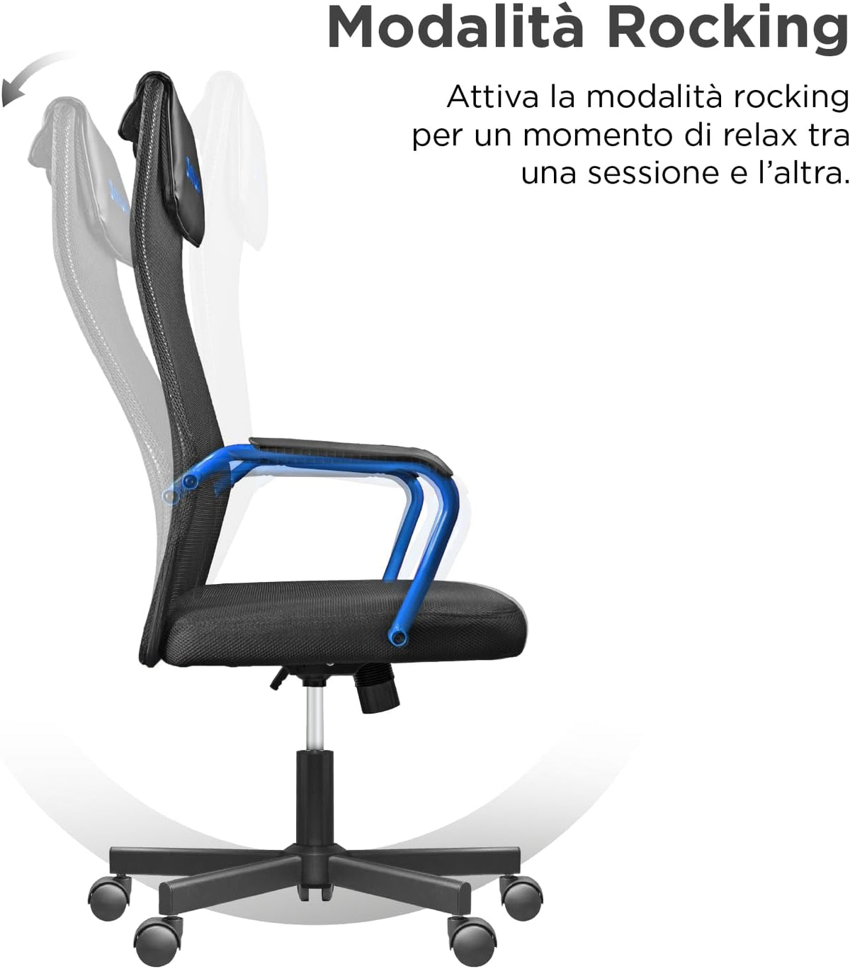 Nuwo Grid Gamingstoel, draaibaar, in hoogte verstelbaar, ergonomische bureau- en bureaustoel, ademende zitting en rugleuning, draagkracht 110 kg, blauw