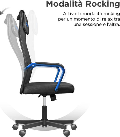 Nuwo Grid Gamingstoel, draaibaar, in hoogte verstelbaar, ergonomische bureau- en bureaustoel, ademende zitting en rugleuning, draagkracht 110 kg, blauw