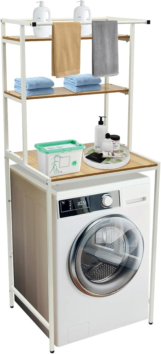 Wasmachinerek – Wasmachine Kast – Boven Wasmachine Rek – Badkamer Rek – Opbergrek – 3 Niveaus – MDF Metaal – Wit Hout