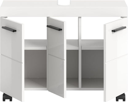 xonox.home – Wastafelonderkast Nova op wielen 80 x 58 x 30 cm in wit hoogglans – grote badkamerkast met 3 deuren, 3 planken en 6 vakken – veel opbergruimte op wielen, stijlvol en bijzonder