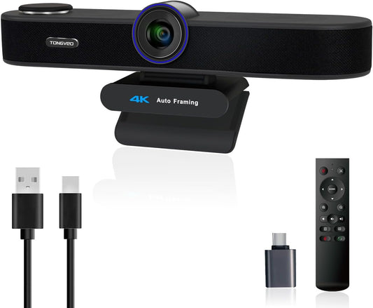 TONGVEO KI Automatische tracking 4K webcam met microfoons en luidsprekers, 5-voudige digitale zoom, ePTZ webcamera met afstandsbediening en twee microfoons, conferentie-webcam voor zoom, Skype, OBS