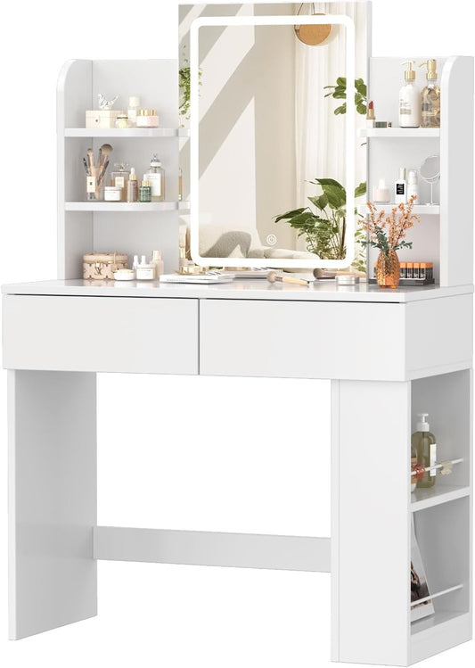 Devoko Dressing Table with Mirror and Lighting,Adjustable Brightness,Makeup Table with 2 Drawers, 4 Shelves, Modern Makeup Desk for Bedroom and Dressing Room, 90 x 40cm (White) - QUORE