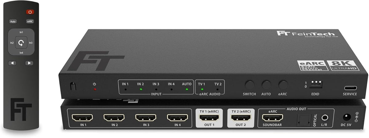 FeinTech AX341 HDMI 2.1 eARC Splitter Switch 4-in-2 Out met audio-extractor (eARC-soundbar, Toslink & AUX), 8K 60Hz, 4K120Hz, Downscaler