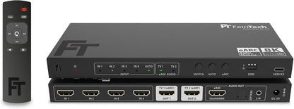 FeinTech AX341 HDMI 2.1 eARC Splitter Switch 4-in-2 Out met audio-extractor (eARC-soundbar, Toslink & AUX), 8K 60Hz, 4K120Hz, Downscaler