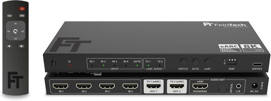 FeinTech AX341 HDMI 2.1 eARC Splitter Switch 4-in-2 Out met audio-extractor (eARC-soundbar, Toslink & AUX), 8K 60Hz, 4K120Hz, Downscaler