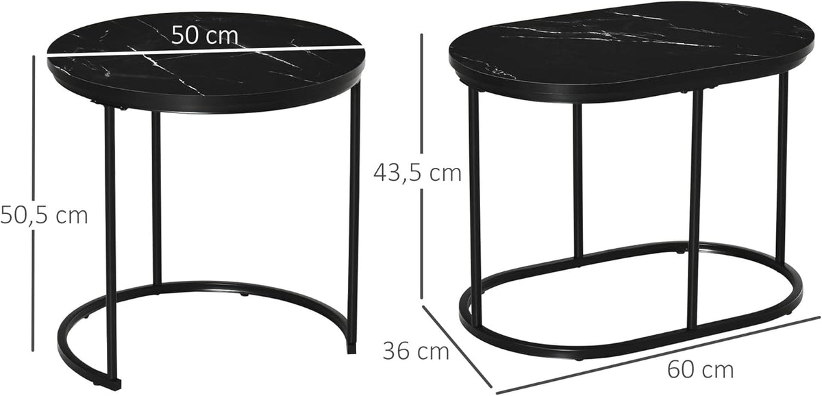HOMCOM Salontafels, uittrekbaar, van staal en MDF-plaat, marmerlook, ronde en ovale tafel, zwart, 2 stuks