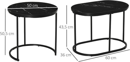 HOMCOM Salontafels, uittrekbaar, van staal en MDF-plaat, marmerlook, ronde en ovale tafel, zwart, 2 stuks