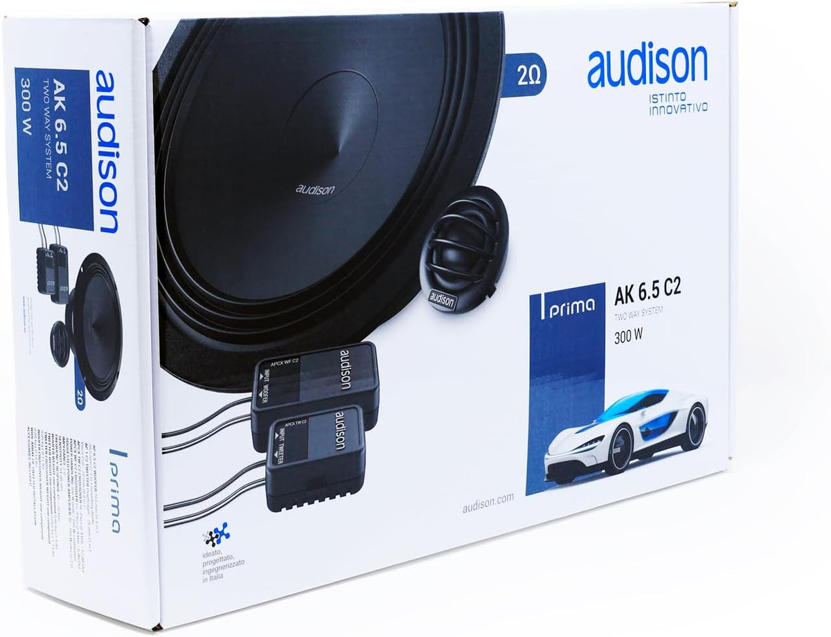 Audison AK 6.5 C2 Component Car Speaker System, 165 mm woofer, 26 mm Tetolon Fiber tweeter met aparte crossover, 2 Ohm impedantie, 65 Watt RMS vermogen