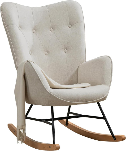 MEUBLE COSY Schommelstoelen, Scandinavische Borstvoeding relaxstoel met armleuningen en gestoffeerde zitting voor woonkamer, slaapkamer, metalen frame en houten sokkel, grijs, 66x84x97cm