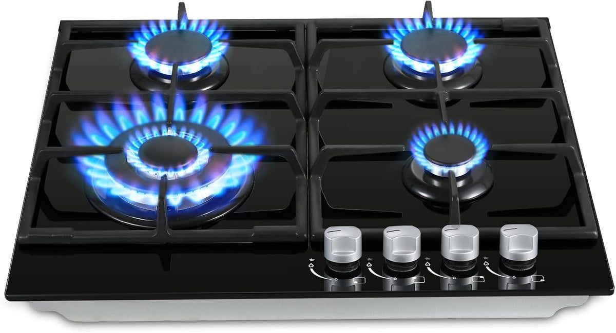 4-pits gaskookplaat – gasfornuis – gaspitten – kookplaat gas – ingebouwde gaskookplaat – Glazen oppervlak van gehard veiligheidsglas – Veiligheidsontsteking met thermokoppel