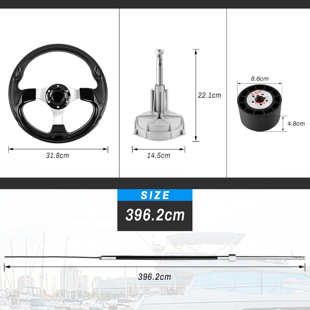 Bootstuursysteem, mechanische roterende stuurkit, 396,24 cm kabelbesturingskabel, buitenboord, marine-stuursystemen voor vissersboten, jachten en andere vaartuigen - met stuurwiel