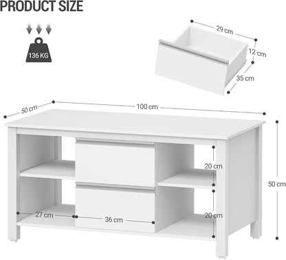 Hzuaneri coffee table, coffee table with 2 drawers and 4 open compartments, coffee tables with sofa, steel table legs, for living room, 50 x 100 x 50 cm white-silver CT22003W