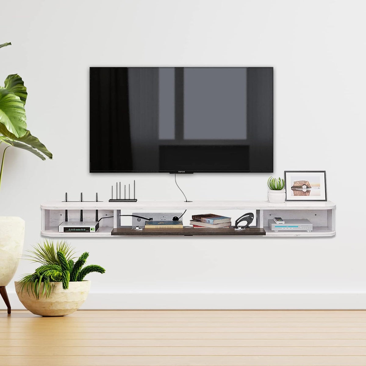 Pmnianhua Zwevende tv-standaard, wandgemonteerde tv-kast, zwevende planken met deur, modern entertainment, mediaconsole, grote tv-bank voor opslag voor woonkamer en kantoor (120 cm, grijswit)