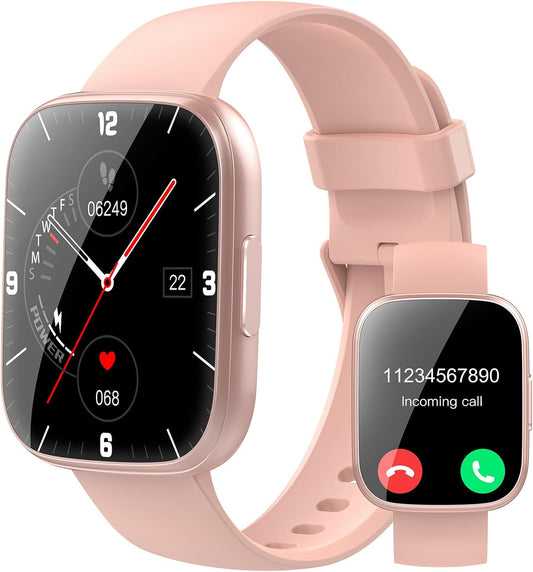 Puqo Smartwatch voor heren en dames, 1,95 inch smartwatch, oproepen beantwoorden en beantwoorden, 112 sportmodi, fitnesstracker met stappenteller, slaap-/hartslagmeter, IP68 smartwatch, lichtroze