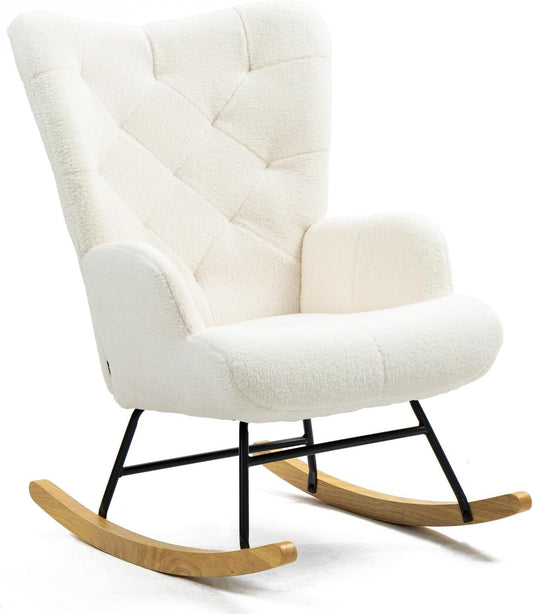 WeHome - Gestoffeerde schommelstoel met armleuningen, relaxstoel voor binnen, schommelstoel van hout en metaal met veelkleurige overtrek, 96 x 66 x 90 cm (bouclé, crème)