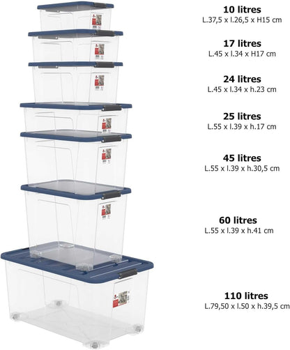 SUNDIS Wave Box, 9er-set Aufbewahrungsboxen mit deckel, 25L, mit clips, transparentem Kunststoff, stapelbar, ideal zum Aufbewahren unter dem Bett, im Ankleidezimmer, im Büro, im Waschküche