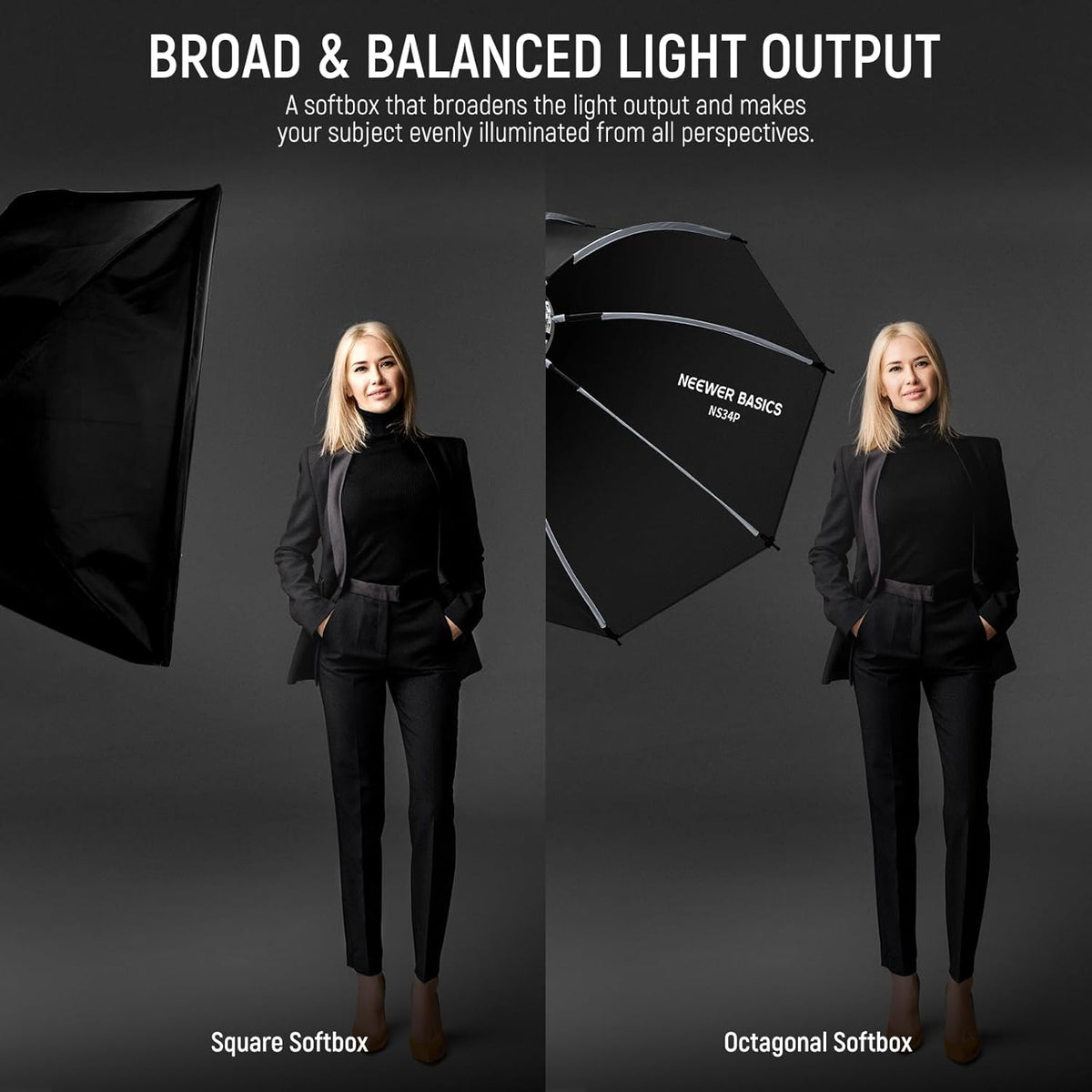 NEEWER BASICS Achthoekige Softbox Kit voor Studio Fotografie Video-opname Streaming, 35"/90cm Quick Release Bowens Mount Softbox/Grid/Lichtdiffusers/Bag, voor Continue Verlichting Strobe Flash, NS34P
