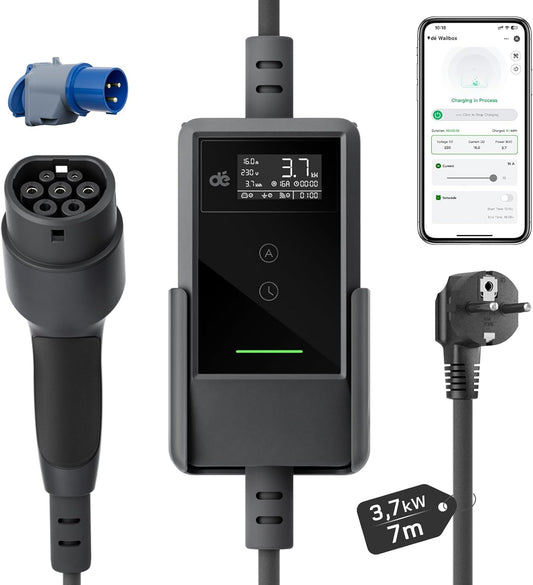 dé EV Charger Type 2 met APP 3,7kW [7m, 1-Fase, 6-16A] Thuislader Type 2 met Digitaal Display, Instelbare Stroom, EV Oplader 3,7kW voor Model Y/3, ID.3/4, EX30, Enyaq en andere EV/PHEV