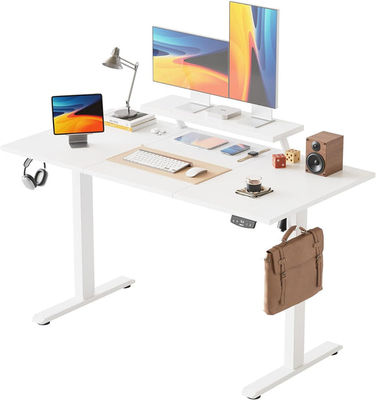 Agilestic Elektrisch in hoogte verstelbaar bureau, 140 x 60 cm, met beweegbare monitorstandaard, sta bureau met 2 geheugentoetsen, 3-delig tafelblad, thuiskantoorbureau, wit