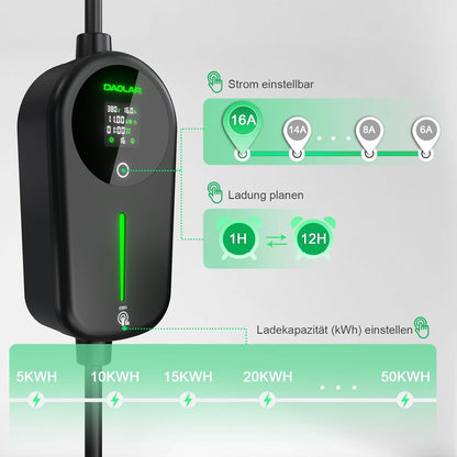 Wallbox 11 KW met app en KWH-laadbegrenzing, 3-fasig 6-16A type 2 oplaadkabel CEE-stekker