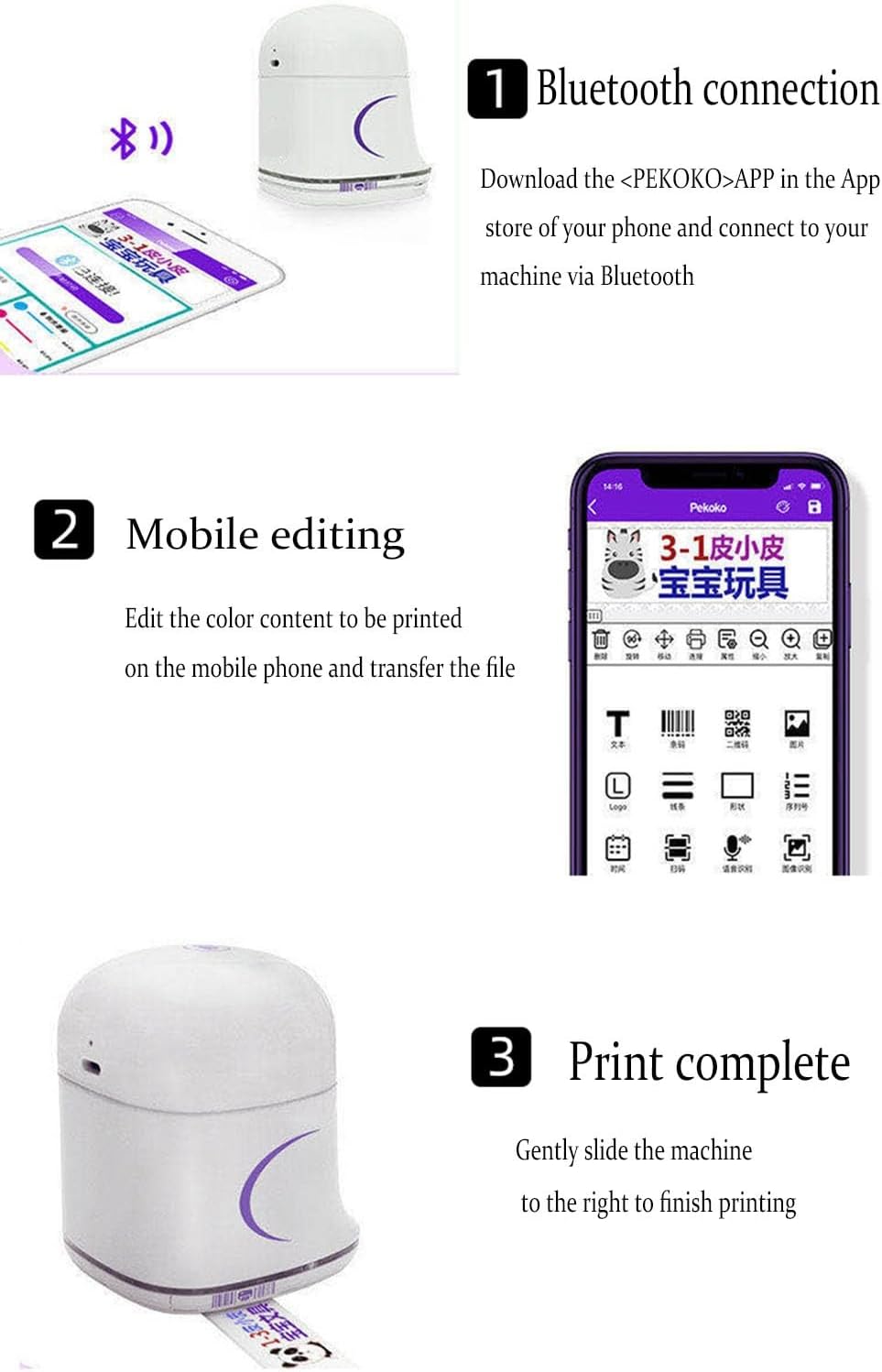 Portable Mobile Printer, Portable Color Printer Printing 1200dpi Ergonomic Mini USB Charging Printer for Text Image Barcode - QUORE