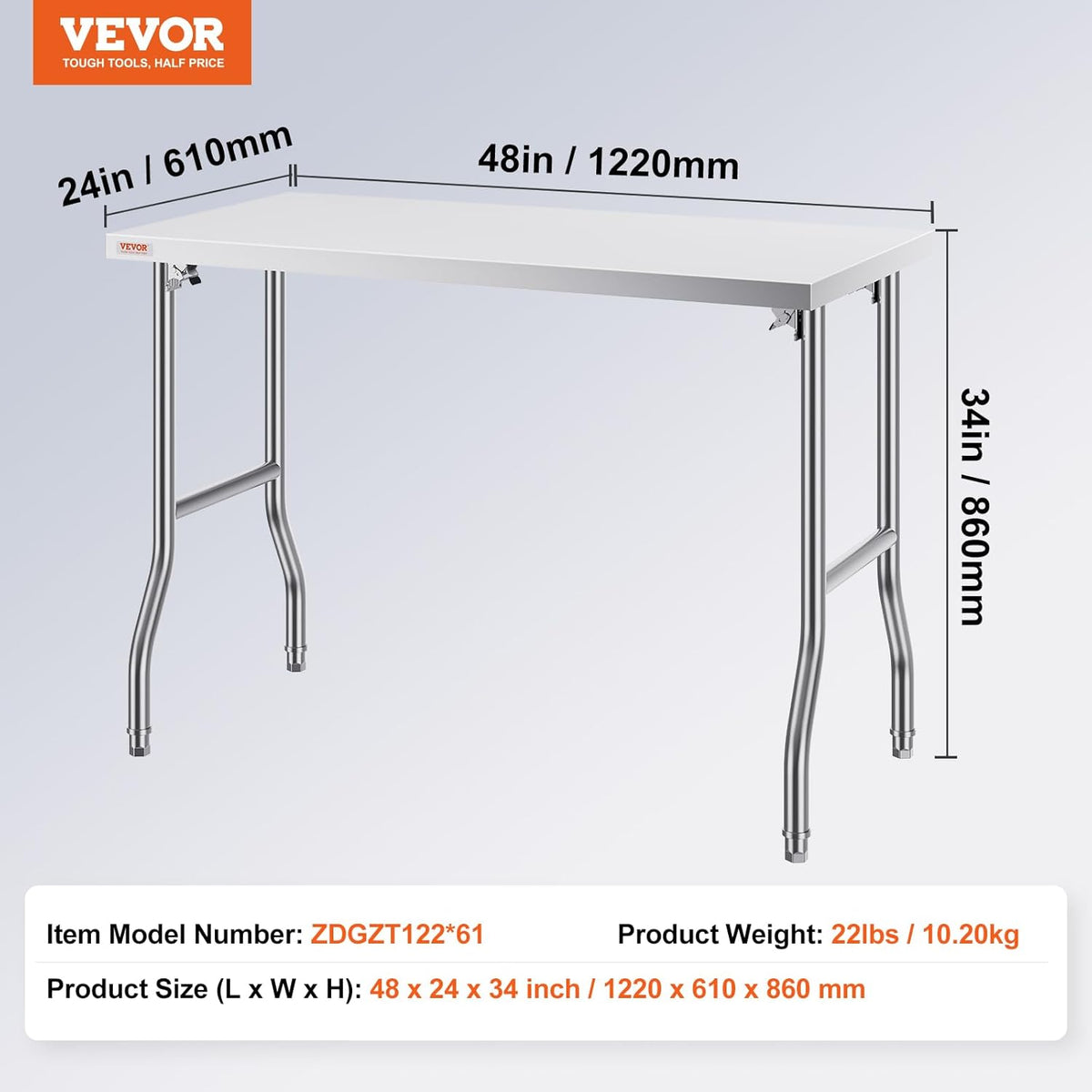 VEVOR Stainless Steel Work Table, 1220 x 610 x 850 mm, Silver - for Family Kitchen, Garage, Commercial Kitchen, Restaurant, Coffee Shop, Laboratory