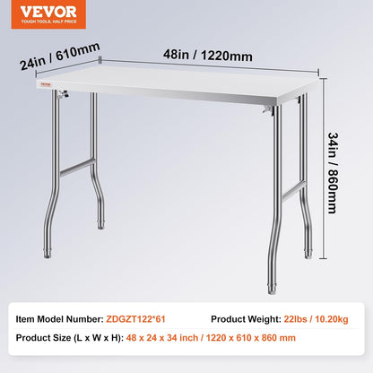 VEVOR Stainless Steel Work Table, 1220 x 610 x 850 mm, Silver - for Family Kitchen, Garage, Commercial Kitchen, Restaurant, Coffee Shop, Laboratory