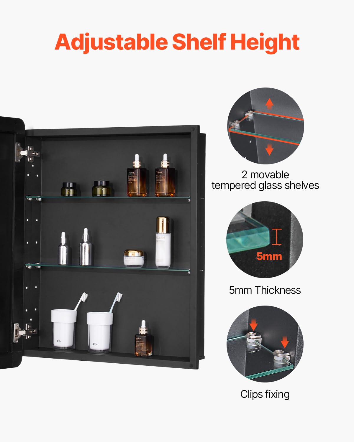 VEVOR Medicijnkast, 60 x 76 cm, voor badkamer met spiegel, aluminium frame, badkamerhangkast, 2-laags verstelbare planken, inbouw- en wandmontage