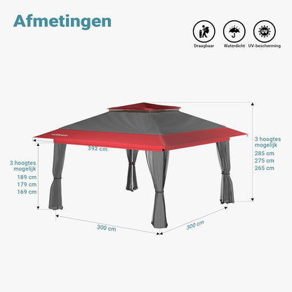 Wiltec opvouwbaar paviljoen partytent met muggennet tuinpaviljoen grijs-rood 3,92 x 3,92 m