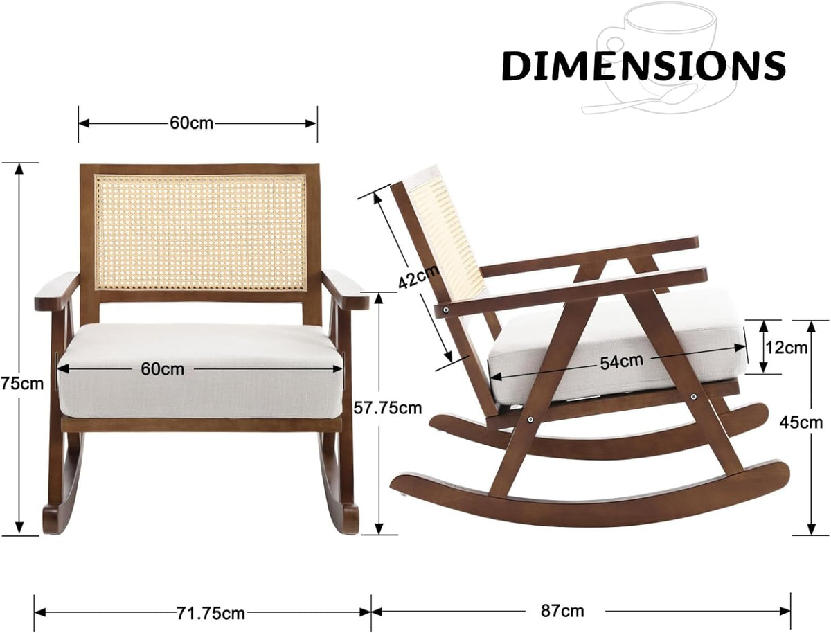chairus Upholstered Rocking Chair for Living Room Linen Relax Chair with Rattan Backrest Leisure Lounge Recliner with Solid Wood Legs Bedroom (Brown)