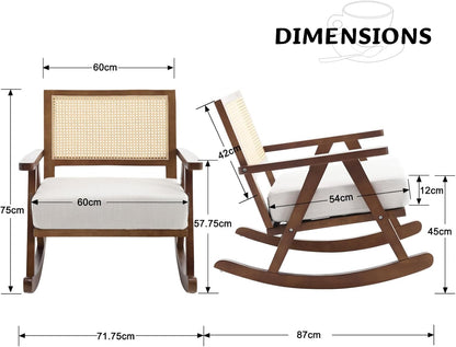 chairus Upholstered Rocking Chair for Living Room Linen Relax Chair with Rattan Backrest Leisure Lounge Recliner with Solid Wood Legs Bedroom (Brown)