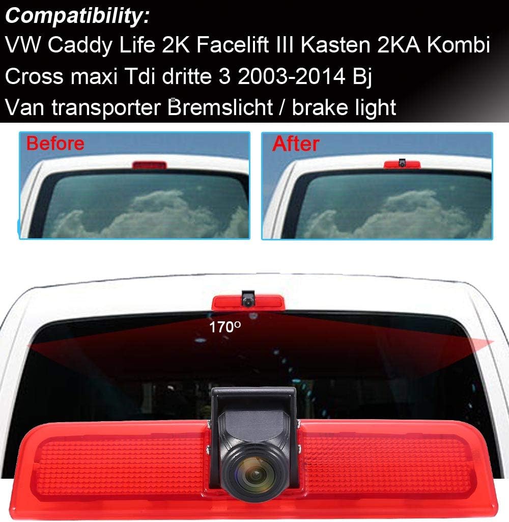 Achteruitkijkspiegelmonitor + achteruitrijcamera Transporter: in 3e remlicht HD achteruitrijcamera voor VW Caddy Life 2K Facelift III Box 2KA Combi Cross Maxi Tdi derde 3 2003-2014 Bj/Transporter Van