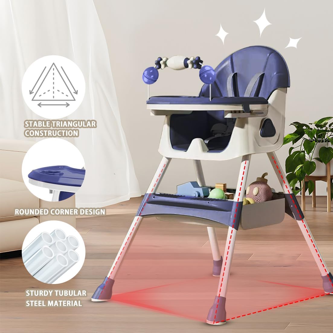 Opvouwbare Kinderstoel - Met Grote Antislipmat en Speelgoedrek - 6 Maanden en Ouder - Donkerblauw