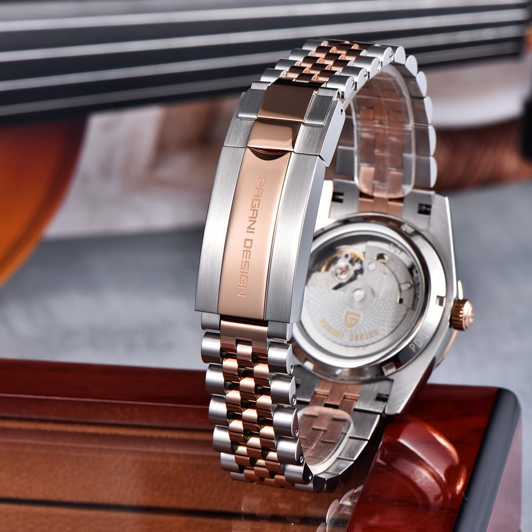Pagani Design herenhorloge DD36, een luxe herenhorloge met een gouden wijzerplaat, Dual Date Display, Sapphire Crystal Glass, Roestvrij stalen kast, 10 bar waterbestendigheid, en ST16 uurwerk.