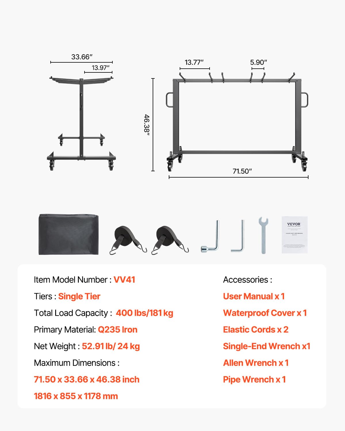 VEVOR Folding Chair Stand, 181 kg Load Capacity, Folding Chair Trolley for 42 Seats or 12 Tables, Multifunctional Chair Trolley with Rubber Wheels and Holders, Large Seat Holder, Matte Black