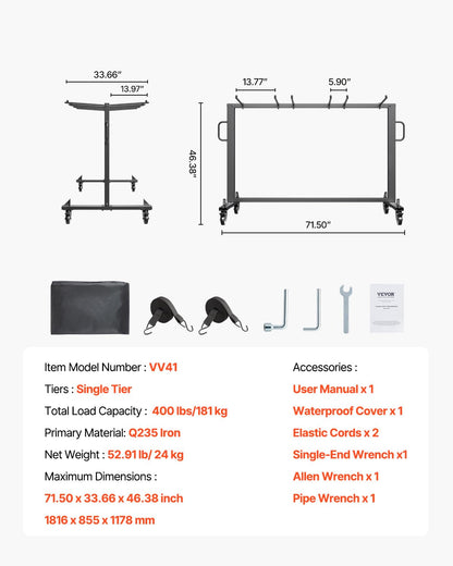 VEVOR Folding Chair Stand, 181 kg Load Capacity, Folding Chair Trolley for 42 Seats or 12 Tables, Multifunctional Chair Trolley with Rubber Wheels and Holders, Large Seat Holder, Matte Black