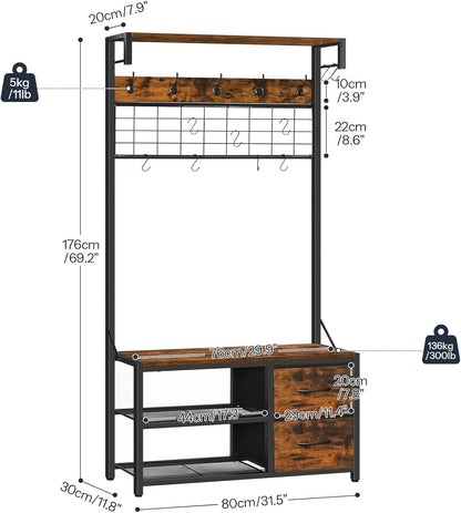 HOOBRO Kapstok met schoenenopbergbank, kapstok met haken en 2 laden, 4-in-1 ontwerp, kapstok en schoenenrek, voor hal, entree, woonkamer, slaapkamer, rustiek bruin en zwart EBF08MT01